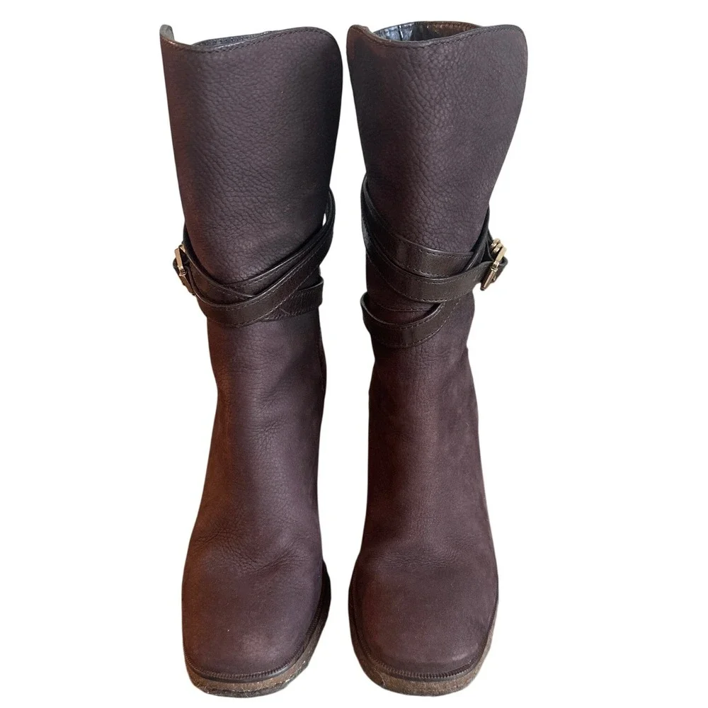 Tory Burch Brown Pebbled Leather Wrap Strap Heeled Ankle Boots Size 9